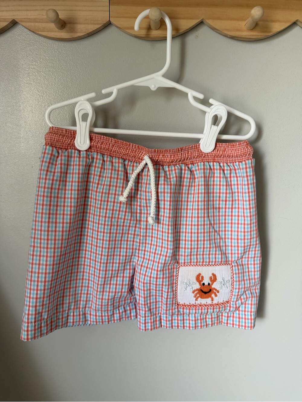 Three Sisters 18M Swim Shorts Blue Orange White Check Crab Drawstring